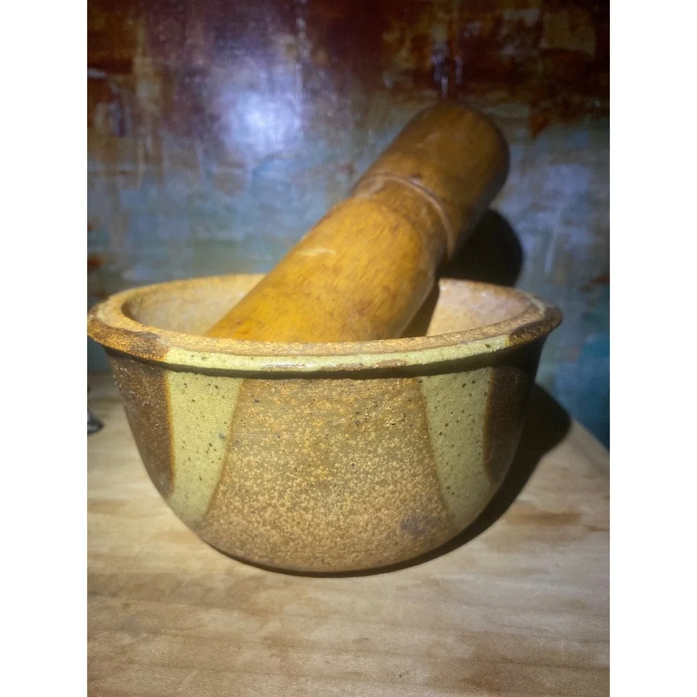 Vintage Studio Pottery Ceramic Mortar and Wood Pestle‎ Set Tan Brown Rustic 6in